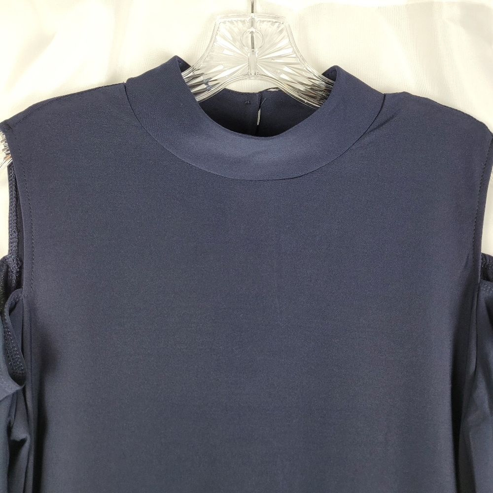 NEW Emma & Michele Navy Blue Mock Neck Cold Shoulder Midi Shift Dress Medium - Picture 2 of 12